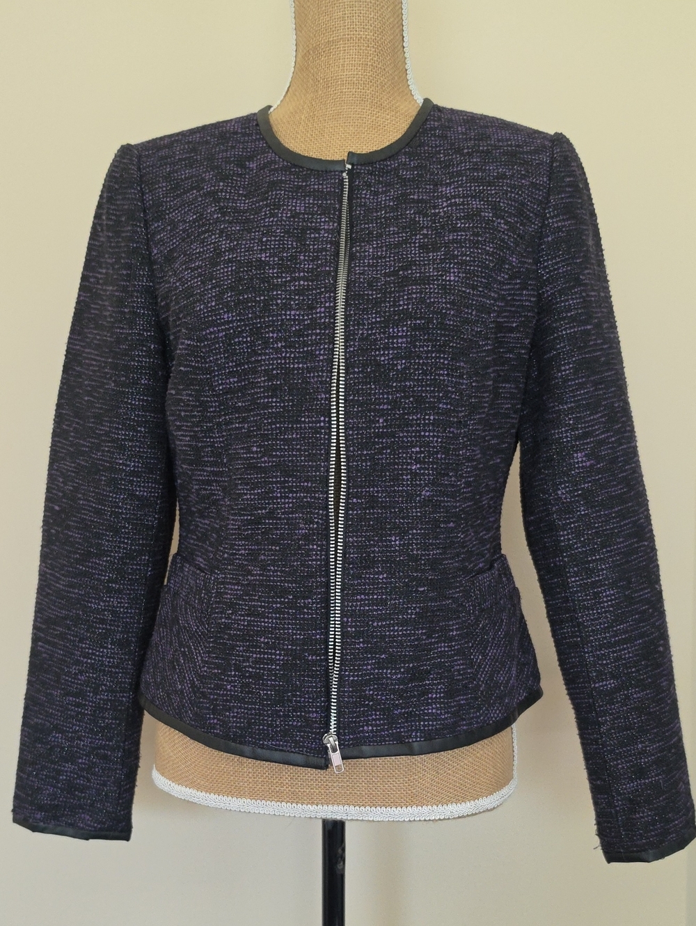 Valerie Bertinelli Black and Purple Tweed Zip Jacket